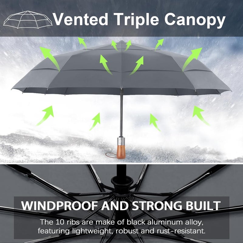 MasterUmbrella 3-Layer Vented Canopy Windproof Commuter Umbrella for Rain, Auto Open/Close, 10 Fiberglass Ribs, Wooden Handle, 13" Folded, 47" Large Coverage for 1–2 People, Lifetime Replacement - Image 2